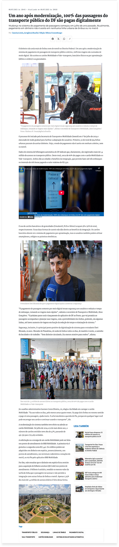 Um ano após modernização, 100% das passagens do transporte público do DF são pagas digitalmente